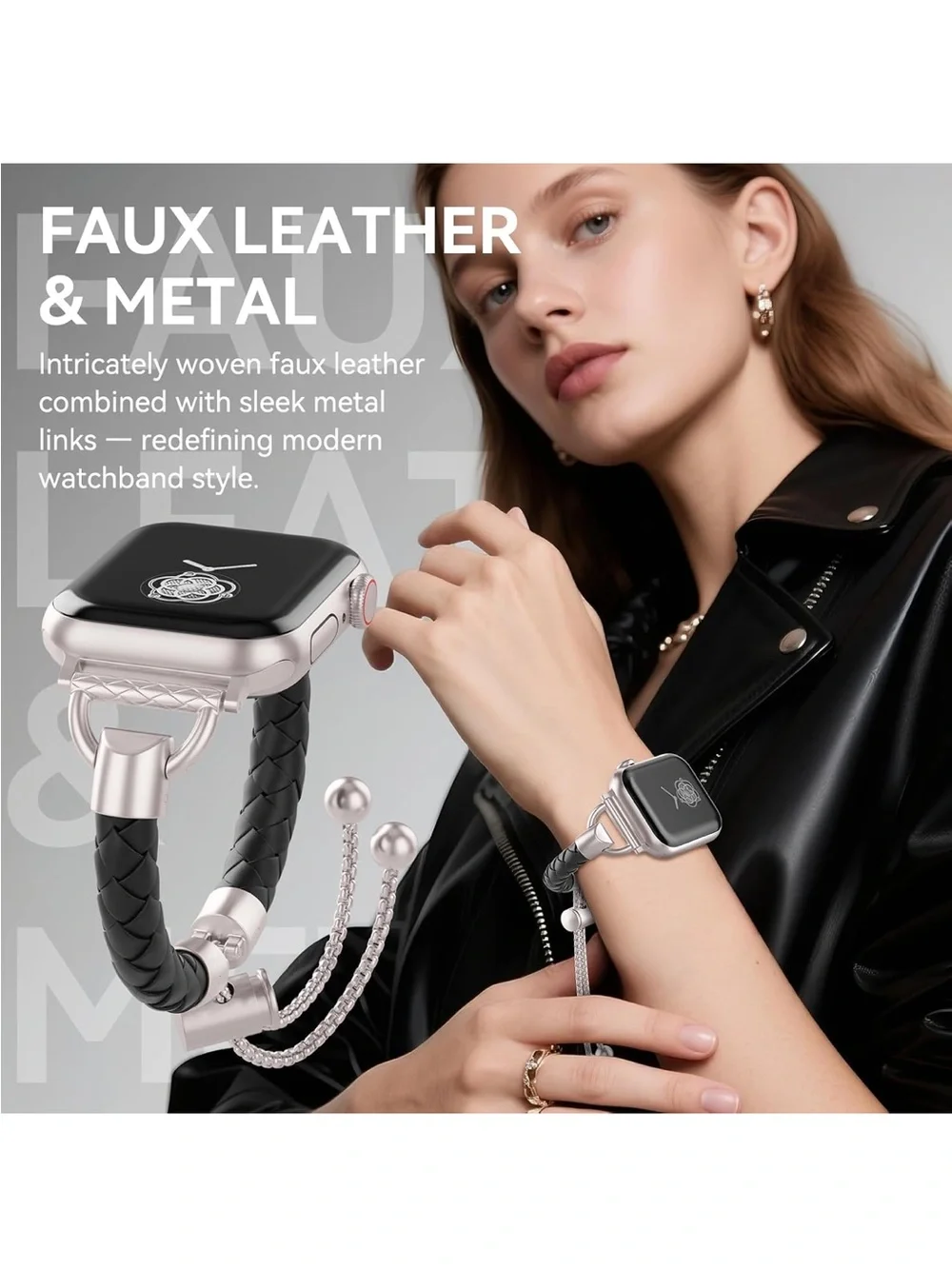 Leather and Metal Band Compatible with Apple Watch Bands for Women, Adjustable D